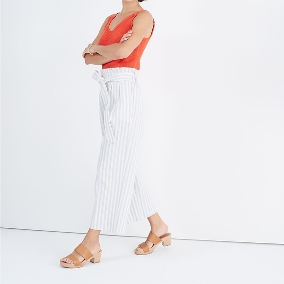 MADEWELL Tie Waist Huston Pull On Crop Pants Wide Leg Stripe Blue White Sz M - Picture 3 of 14